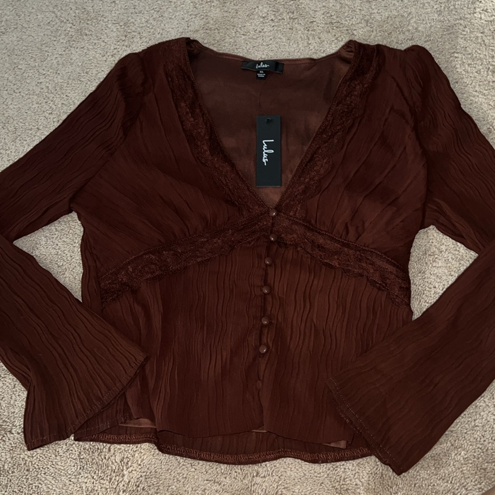 NWT Beautiful Brown Plisse Lace Button Up Top!